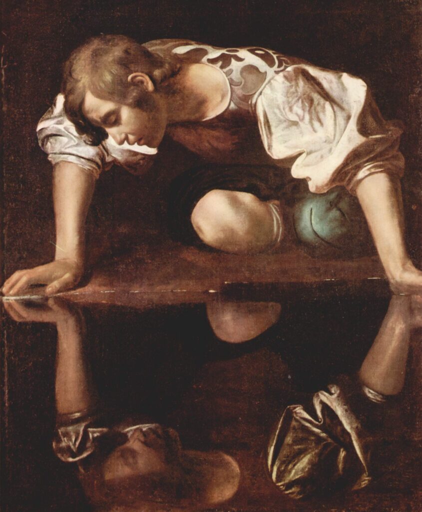 Pintura de Narciso admirando sua própria imagem refletida na água, representando o mito clássico sobre vaidade e autoconhecimento.